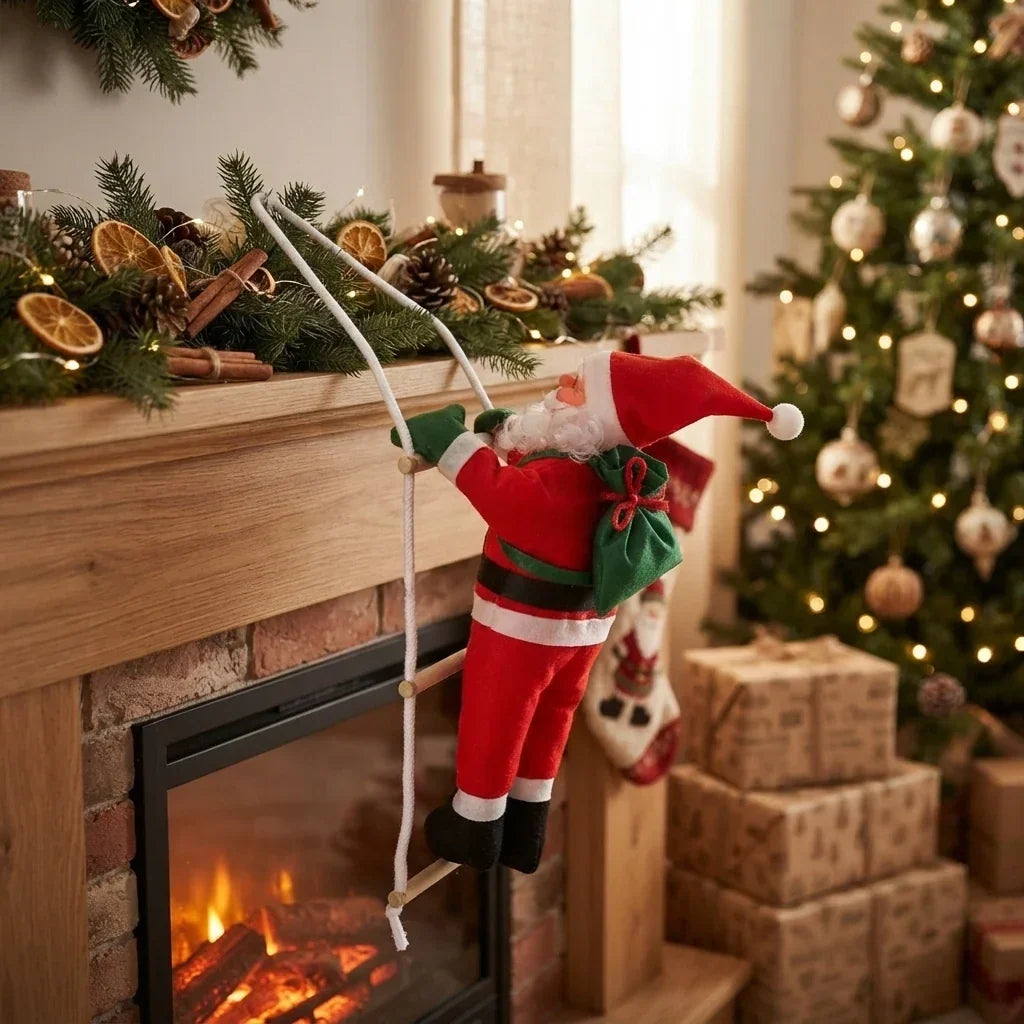 Fabric Hanging Christmas Ornament Climbing Santa on Rope Ladder - Image 5