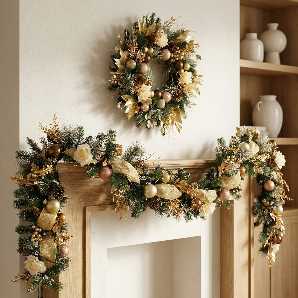 Artificial Pine Christmas Garland Gold Mesh Ribbon