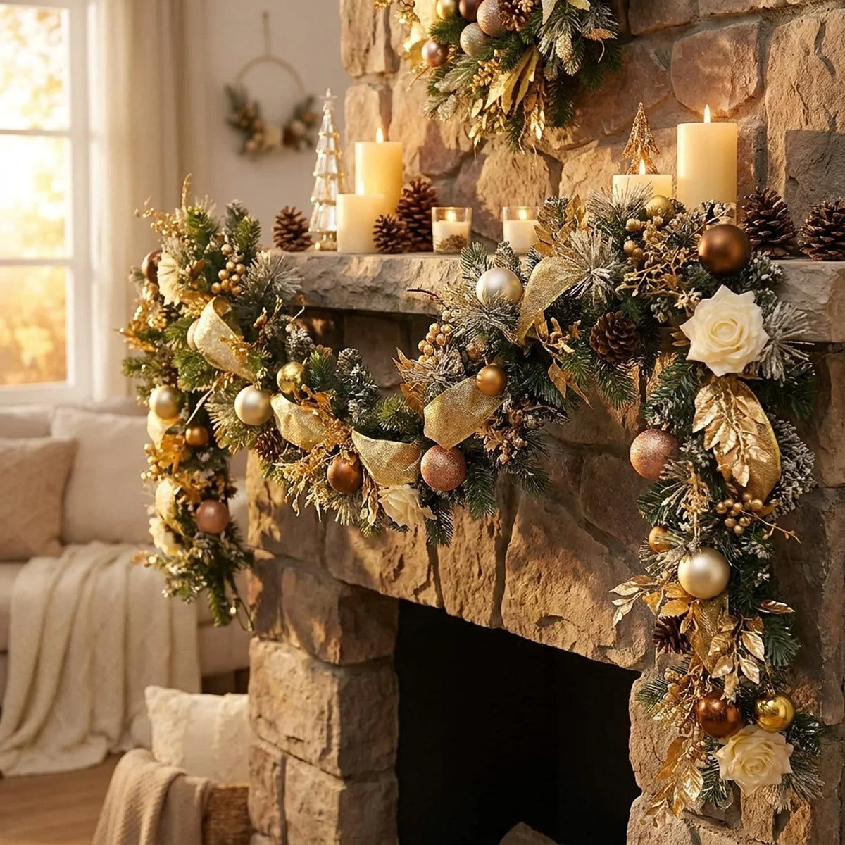 Artificial Pine Christmas Garland Gold Mesh Ribbon - Image 2