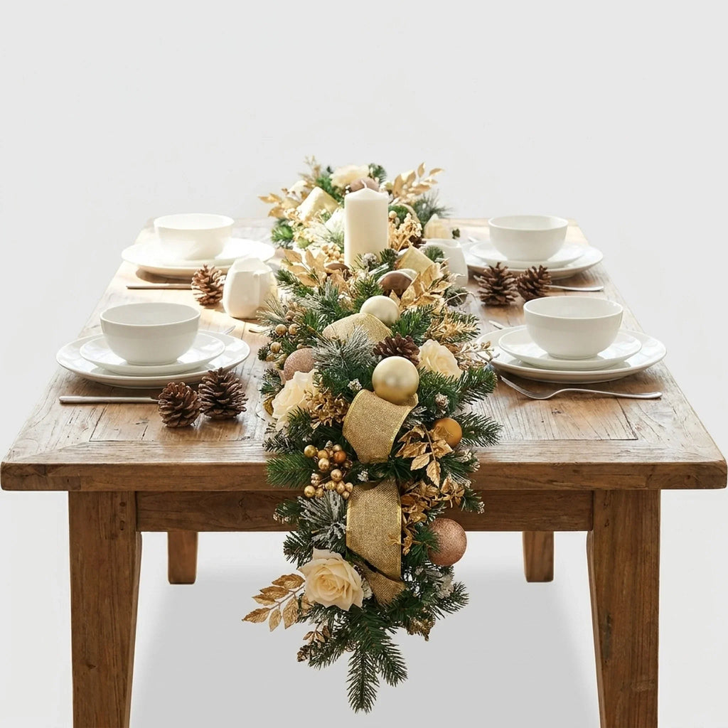 Artificial Pine Christmas Garland Gold Mesh Ribbon - Image 3
