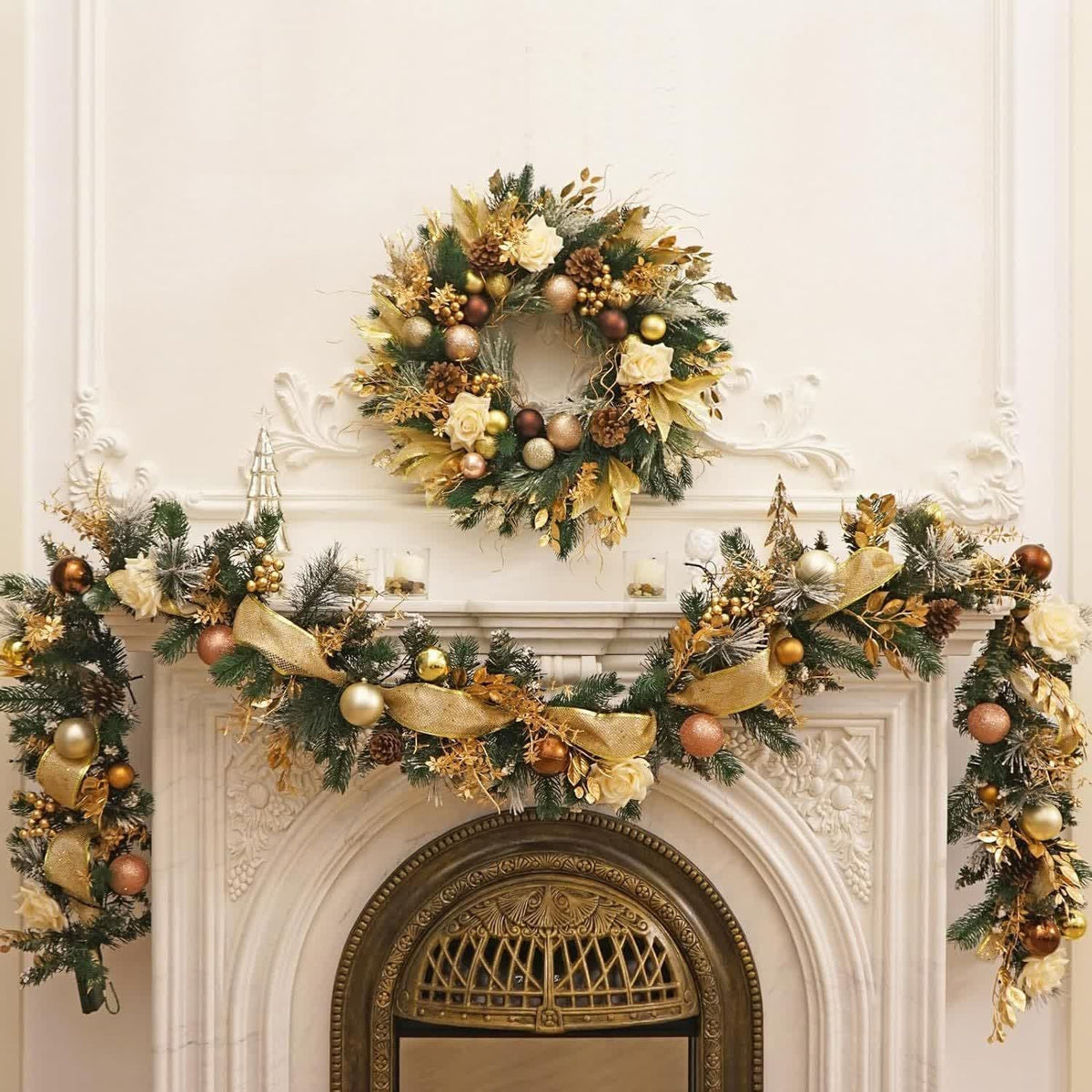 Artificial Pine Christmas Garland Gold Mesh Ribbon - Image 4