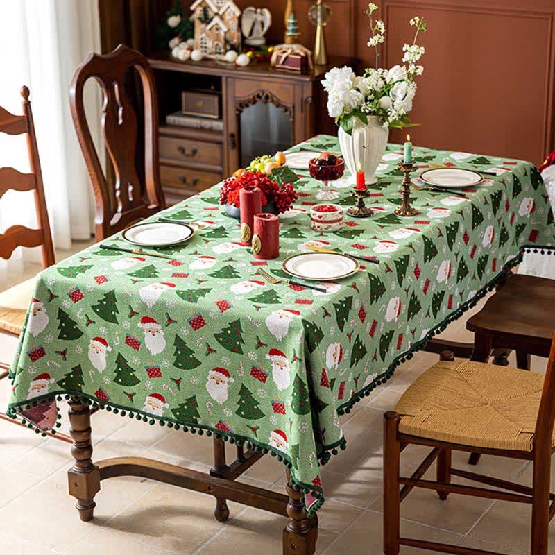 Christmas Woven Tablecloth Pom Pom Trim