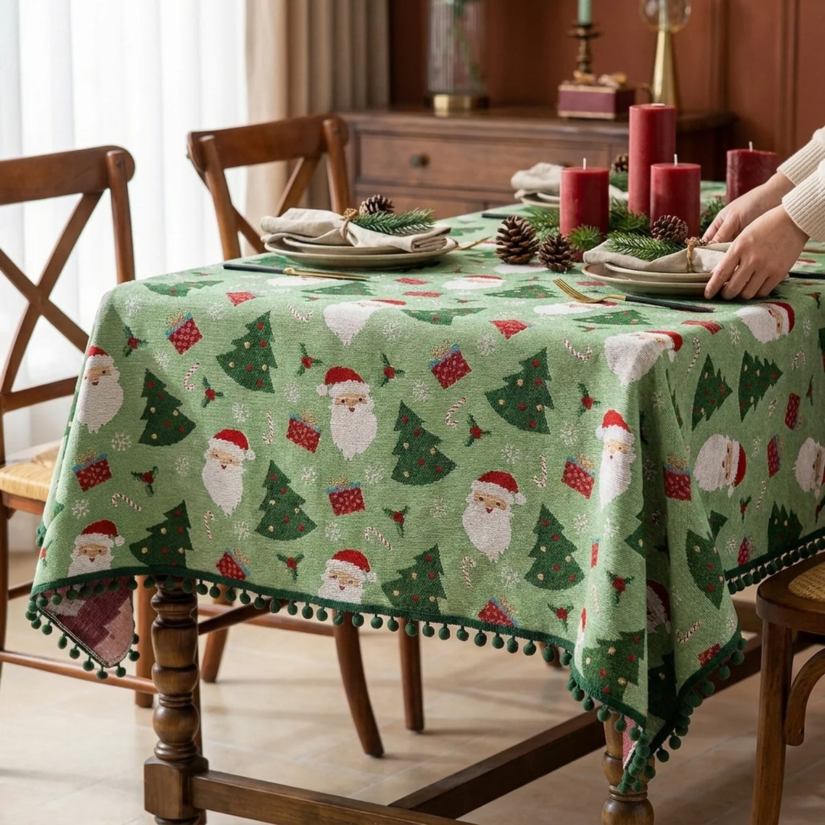 Christmas Woven Tablecloth Pom Pom Trim - Image 3