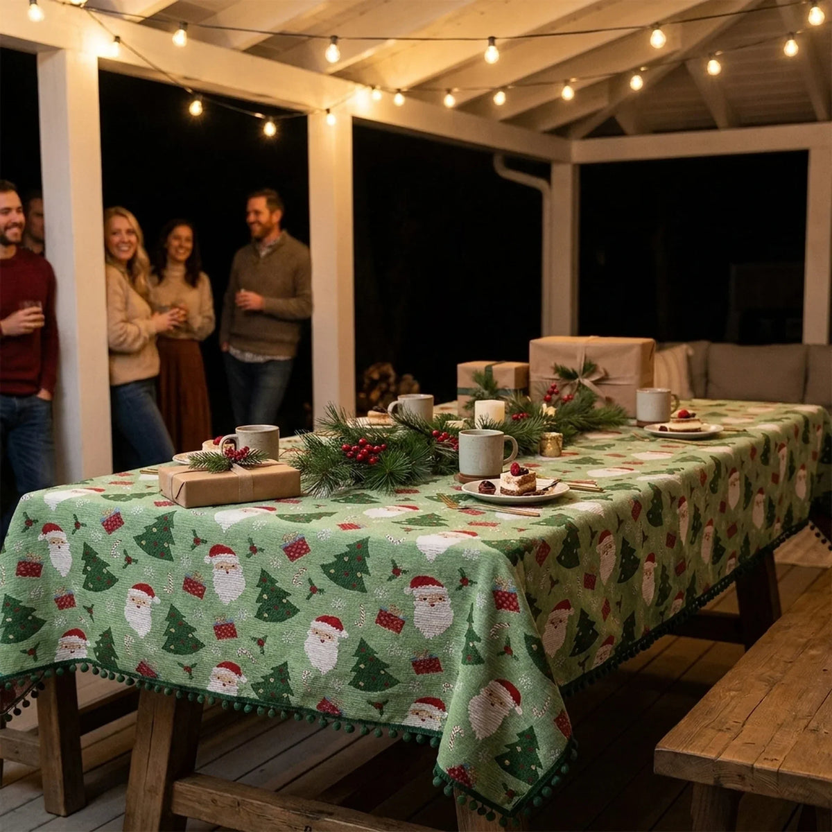 Christmas Woven Tablecloth Pom Pom Trim - Image 4