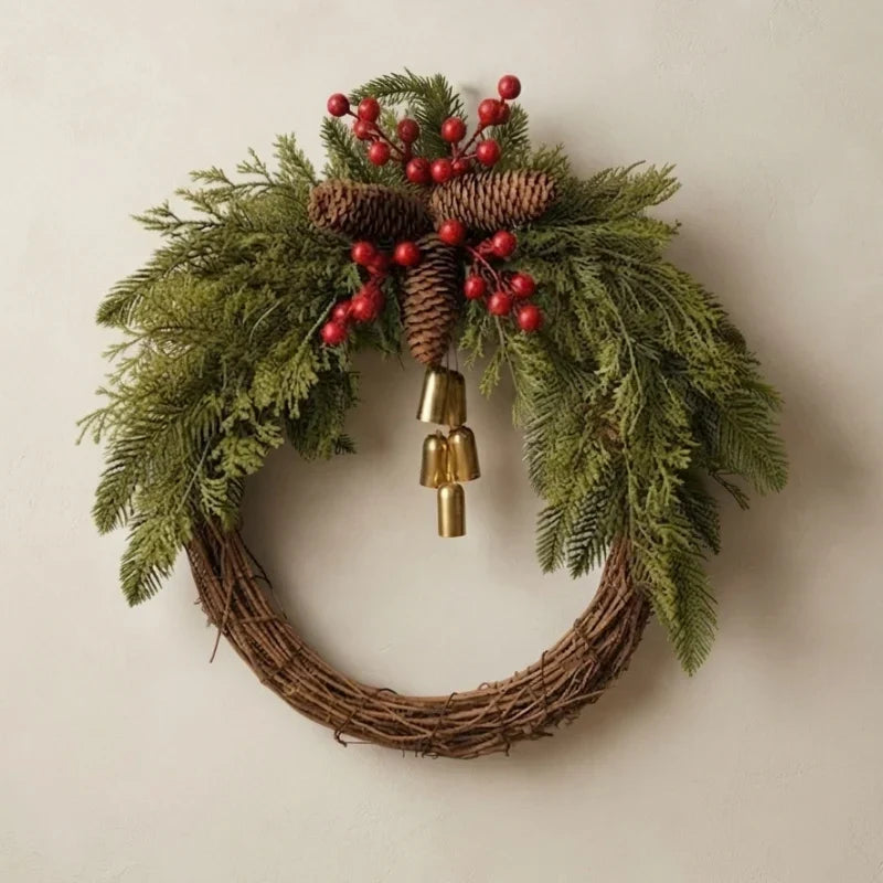 Rustic Artificial Evergreen Christmas Wreath Golden Bells