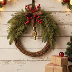 Rustic Artificial Evergreen Christmas Wreath Golden Bells - Image 2