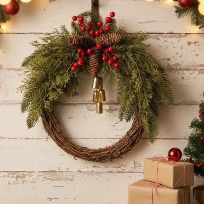 Rustic Artificial Evergreen Christmas Wreath Golden Bells - Image 2