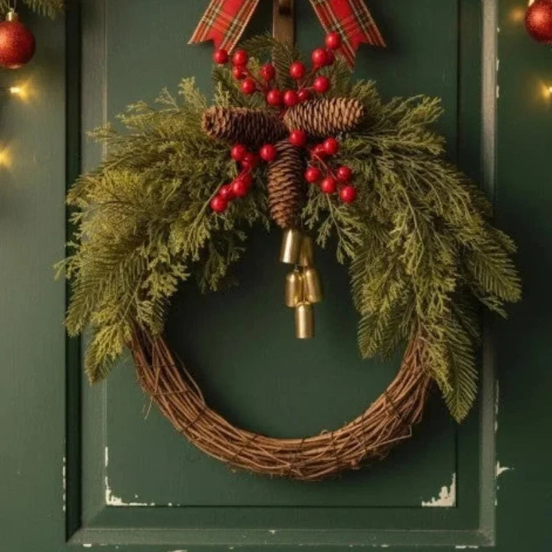 Rustic Artificial Evergreen Christmas Wreath Golden Bells - Image 5