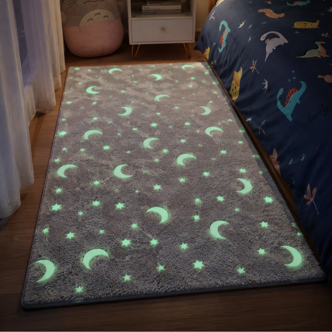 Magical Glow in the Dark Kids Rug with Moon and Star Design