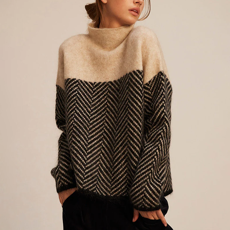 Women's Winter Roll Neck Loose Fit Sweater with Chevron Pattern