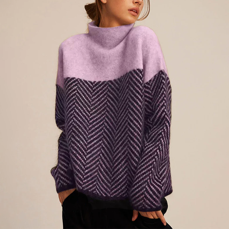Women's Winter Roll Neck Loose Fit Sweater with Chevron Pattern
