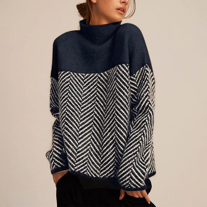 Women's Winter Roll Neck Loose Fit Sweater with Chevron Pattern