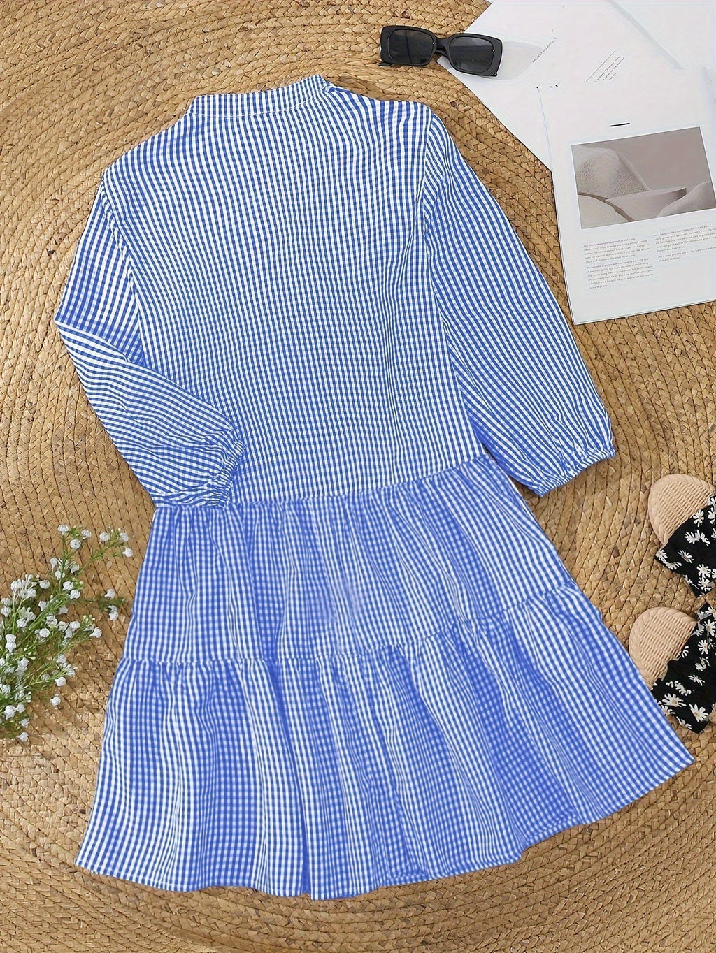 Women's Sunny Gingham Stripes Summer Dress with Airy 3/4 Puffed Sleeves