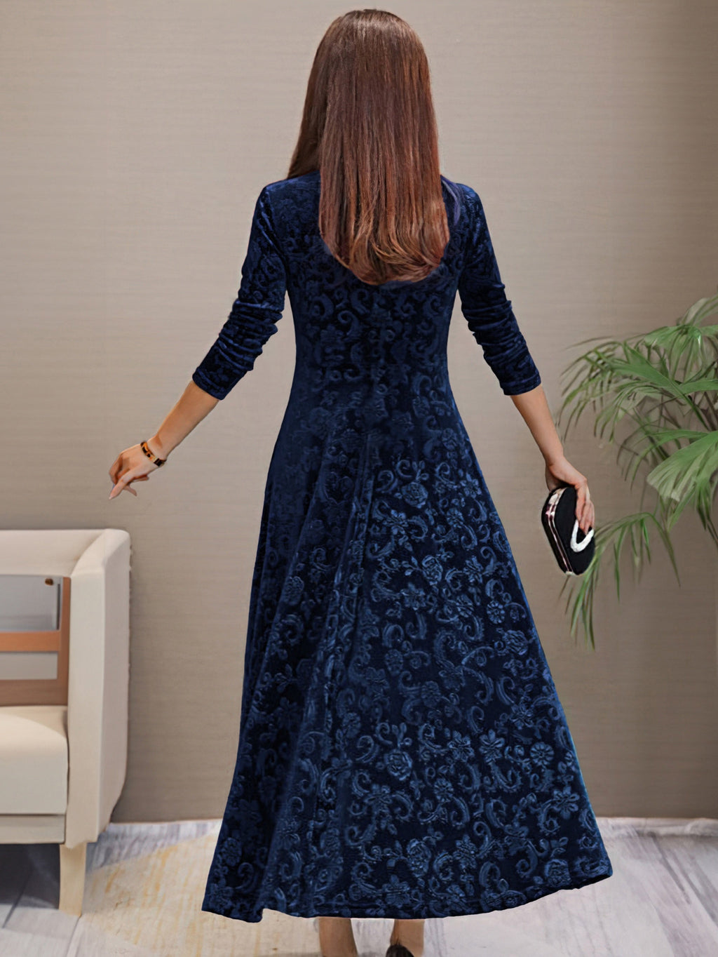 Women's Elegant V-Neck Long Sleeve Formal Dress with Floral Pattern