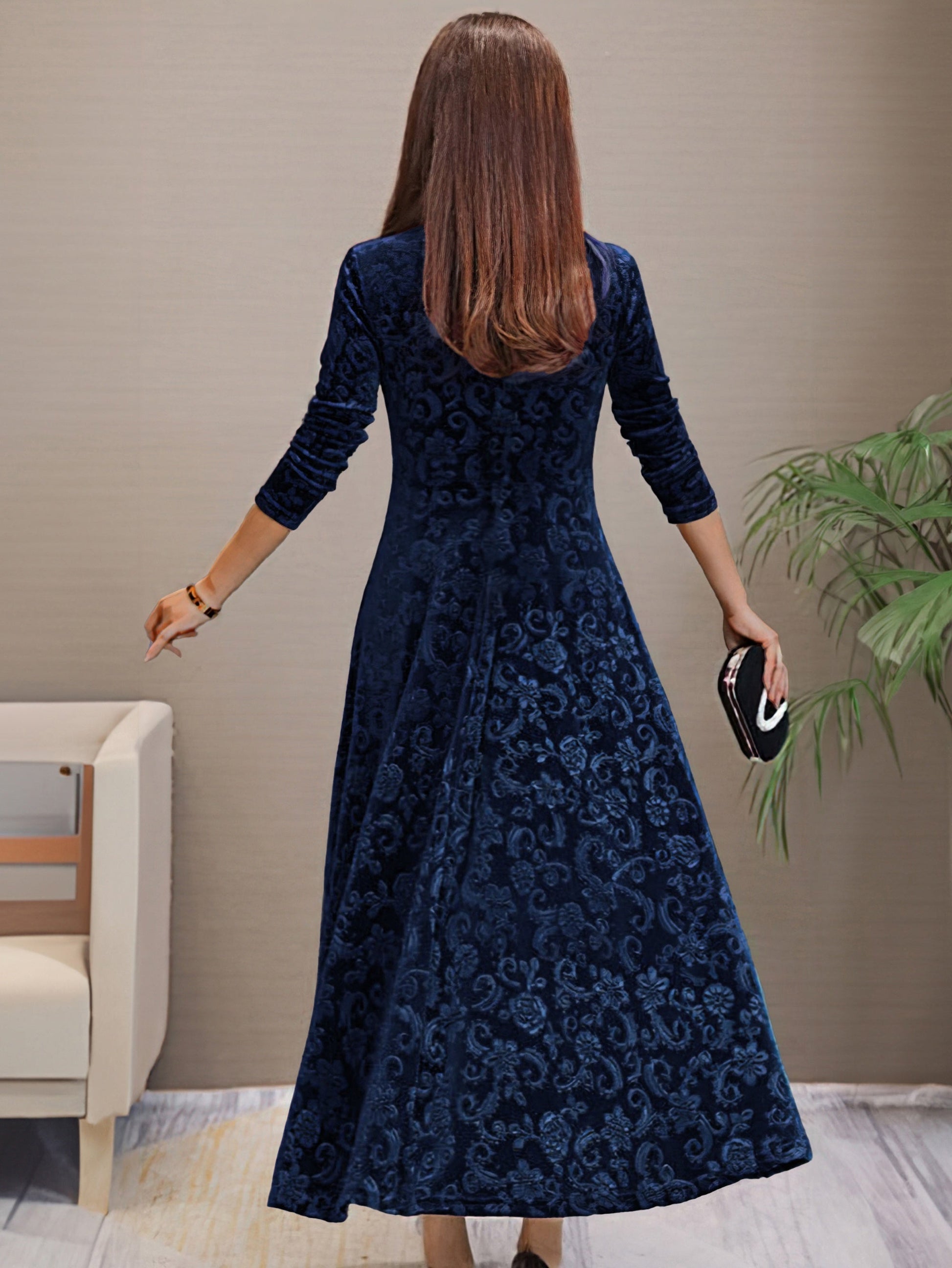 Women's Elegant V-Neck Long Sleeve Formal Dress with Floral Pattern