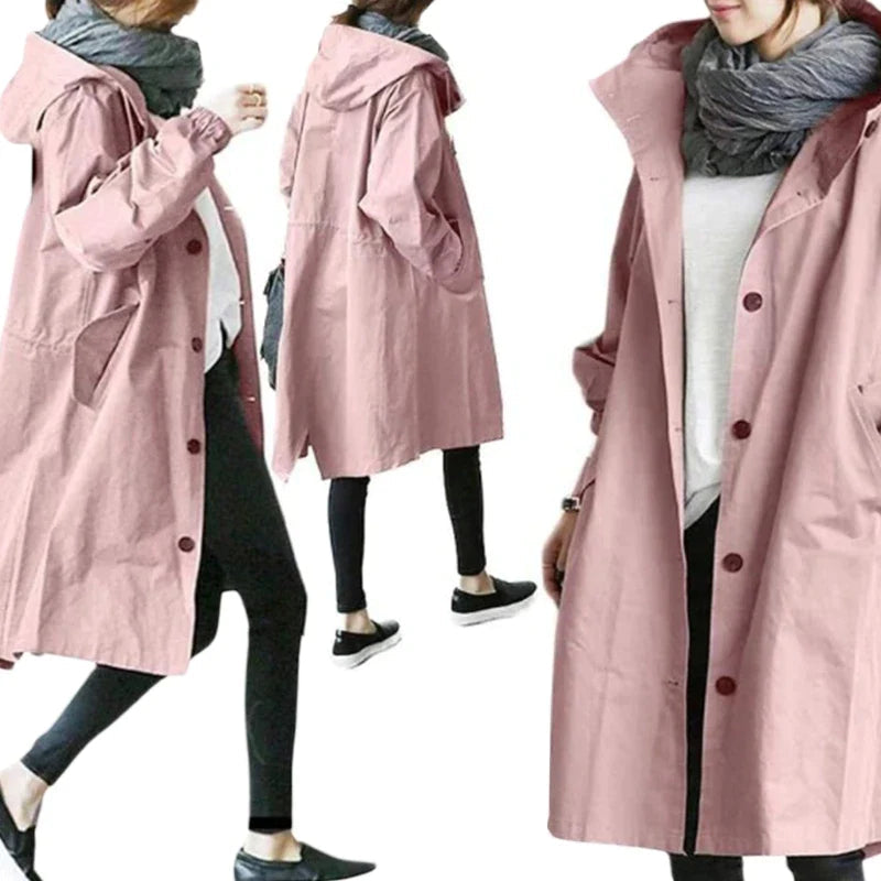 Women's Water-resistant Oversized Warm Buttoned Raincoat for Autumn and Winter