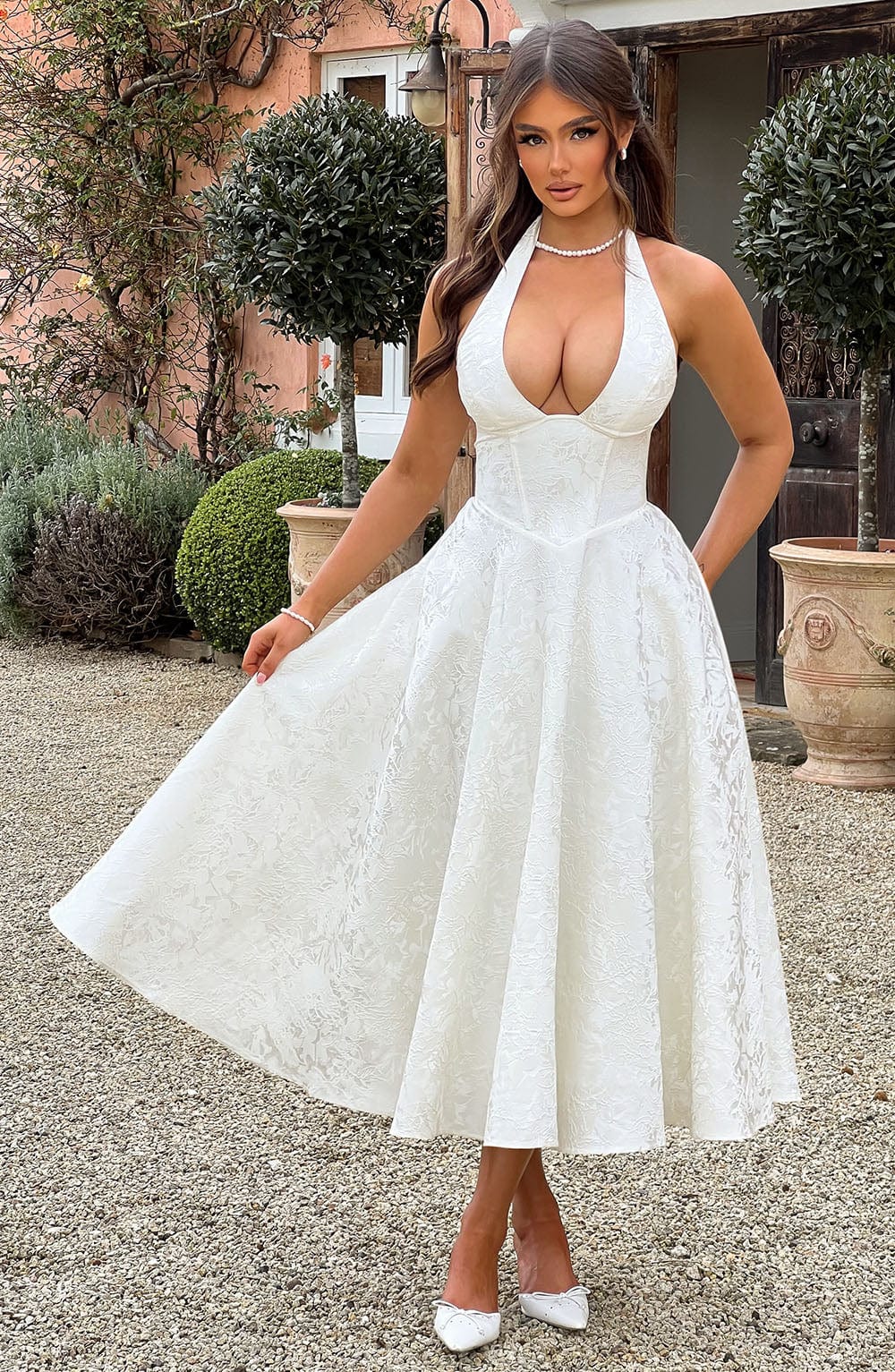 Women’s Chic Polished Halter Midi Wedding Guest Dresses