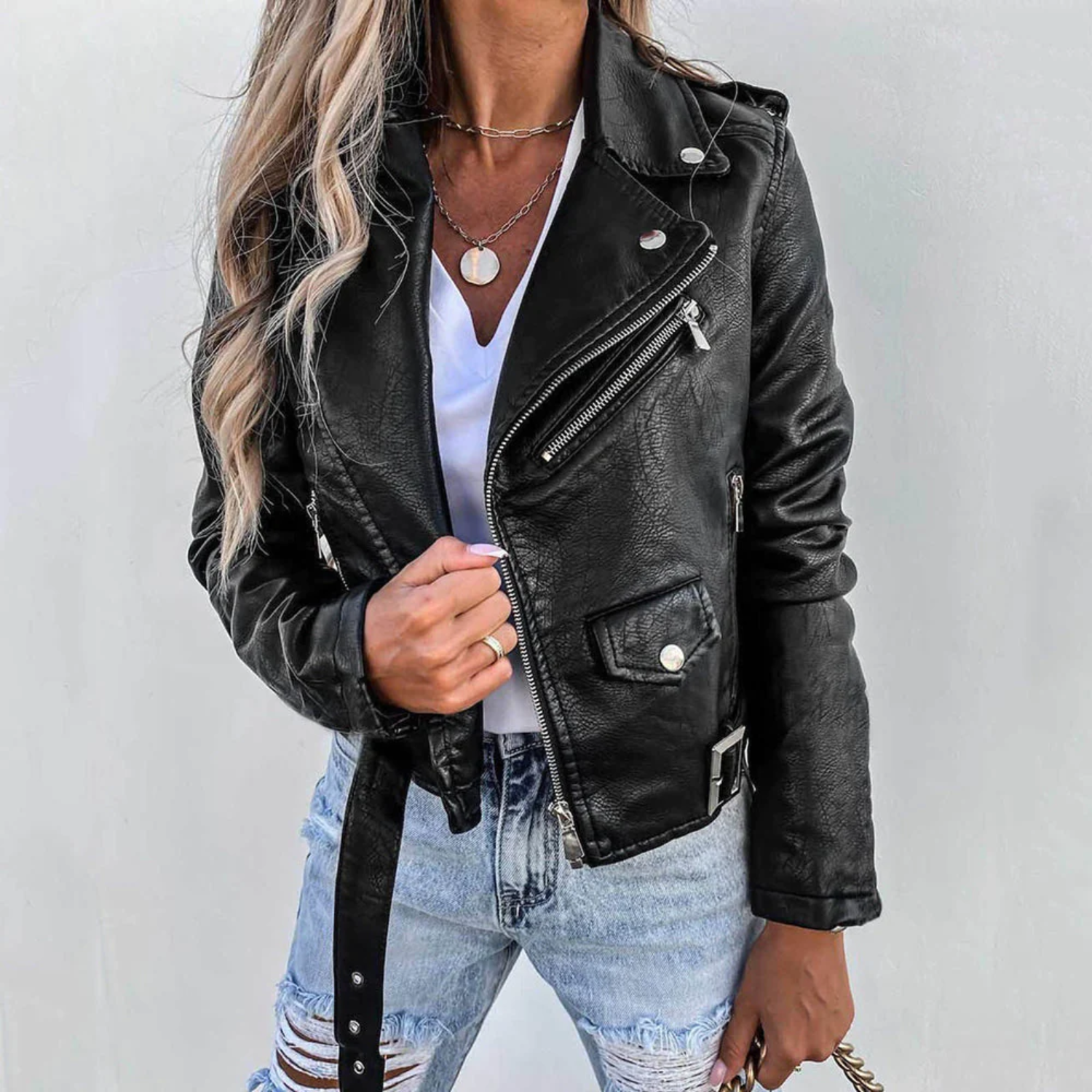 Women's Outdoor Belted Rider Adventure Leather Jacket with Stand-Up Collar