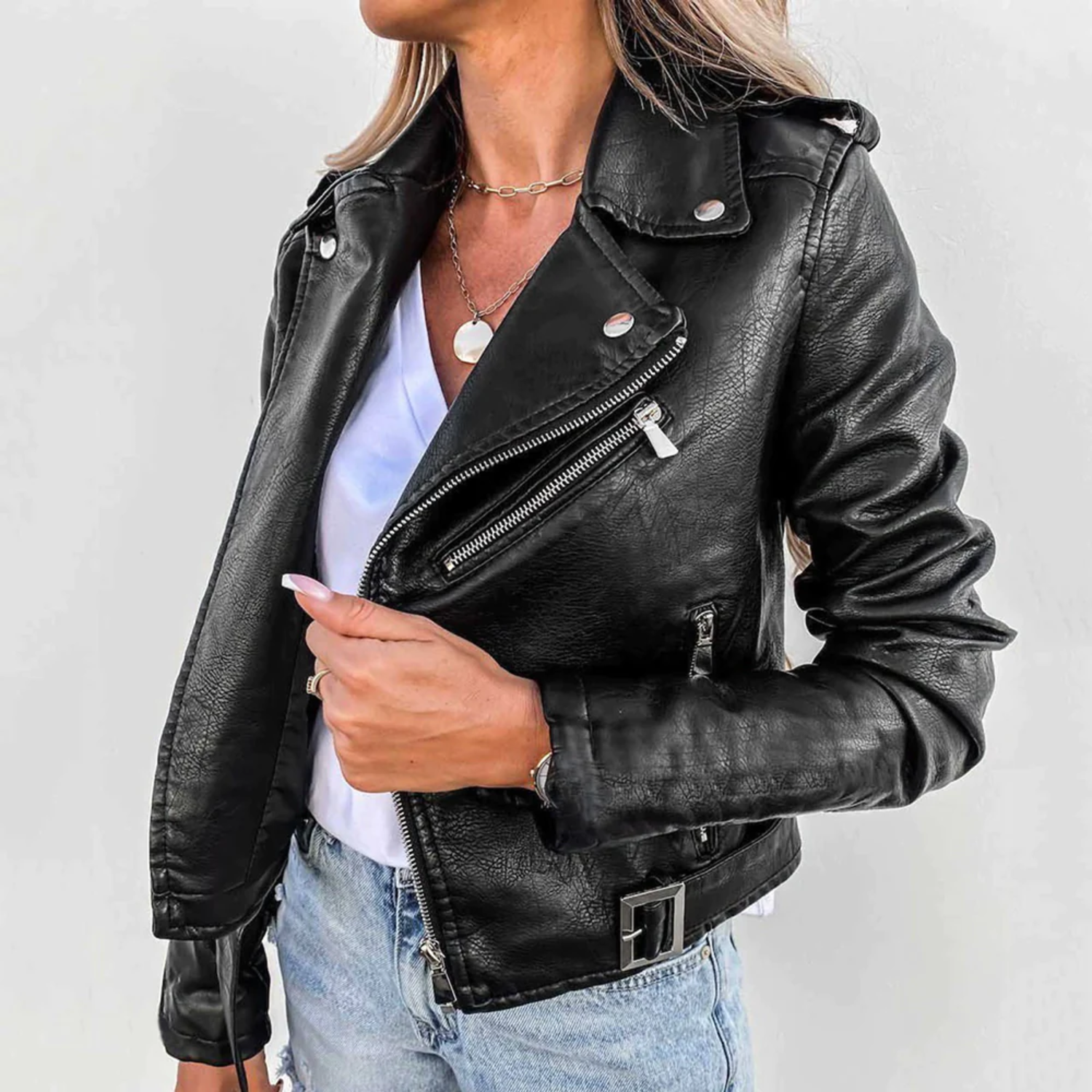 Women's Outdoor Belted Rider Adventure Leather Jacket with Stand-Up Collar