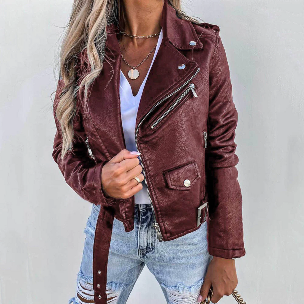 Women's Outdoor Belted Rider Adventure Leather Jacket with Stand-Up Collar