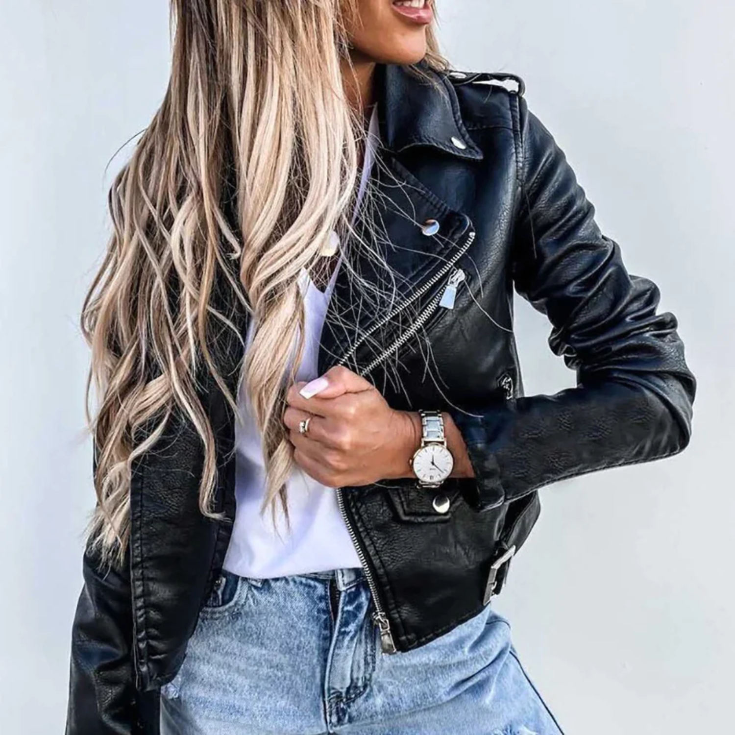 Women's Outdoor Belted Rider Adventure Leather Jacket with Stand-Up Collar