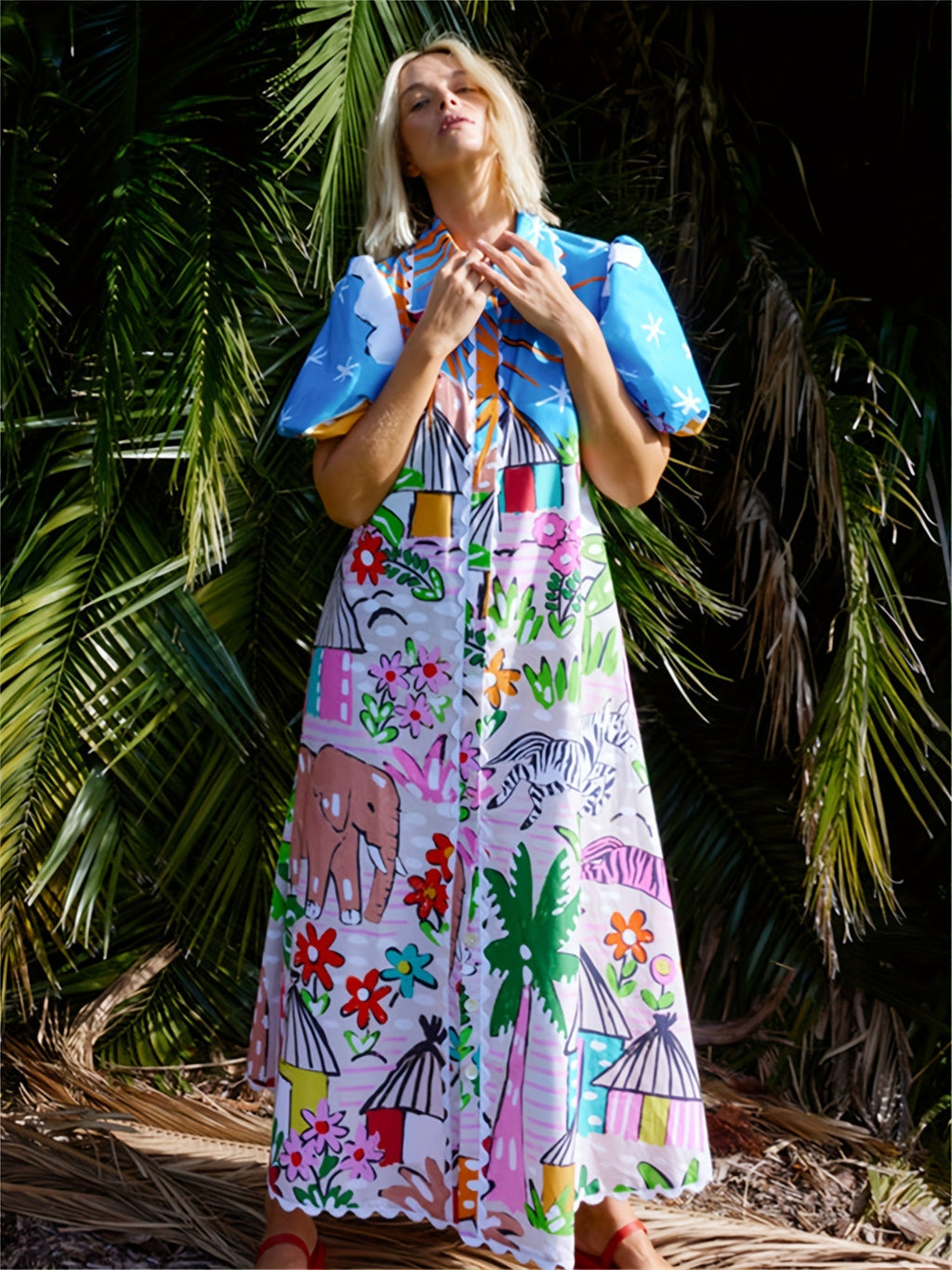 Trendy Sunny Tropical-Inspire Chic Midi Summer Dress for Women