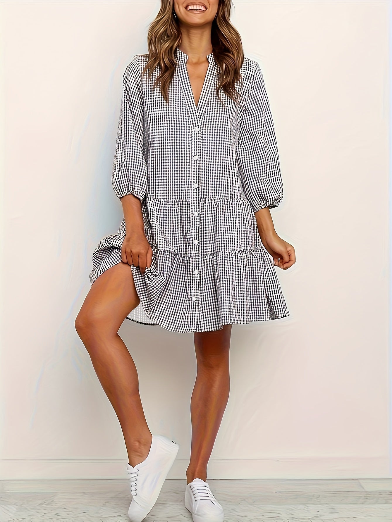 Women's Sunny Gingham Stripes Summer Dress with Airy 3/4 Puffed Sleeves