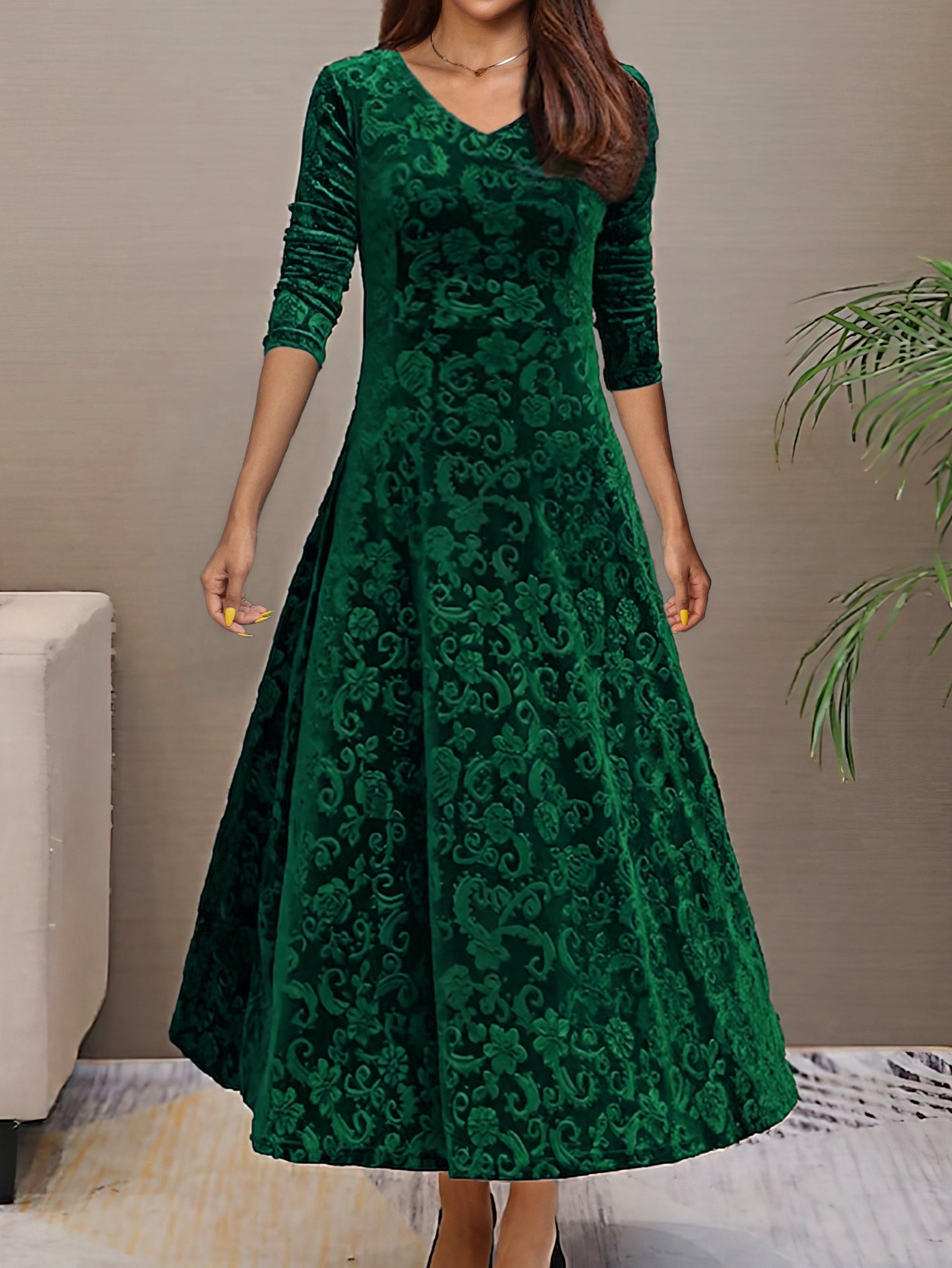 Women's Elegant V-Neck Long Sleeve Formal Dress with Floral Pattern