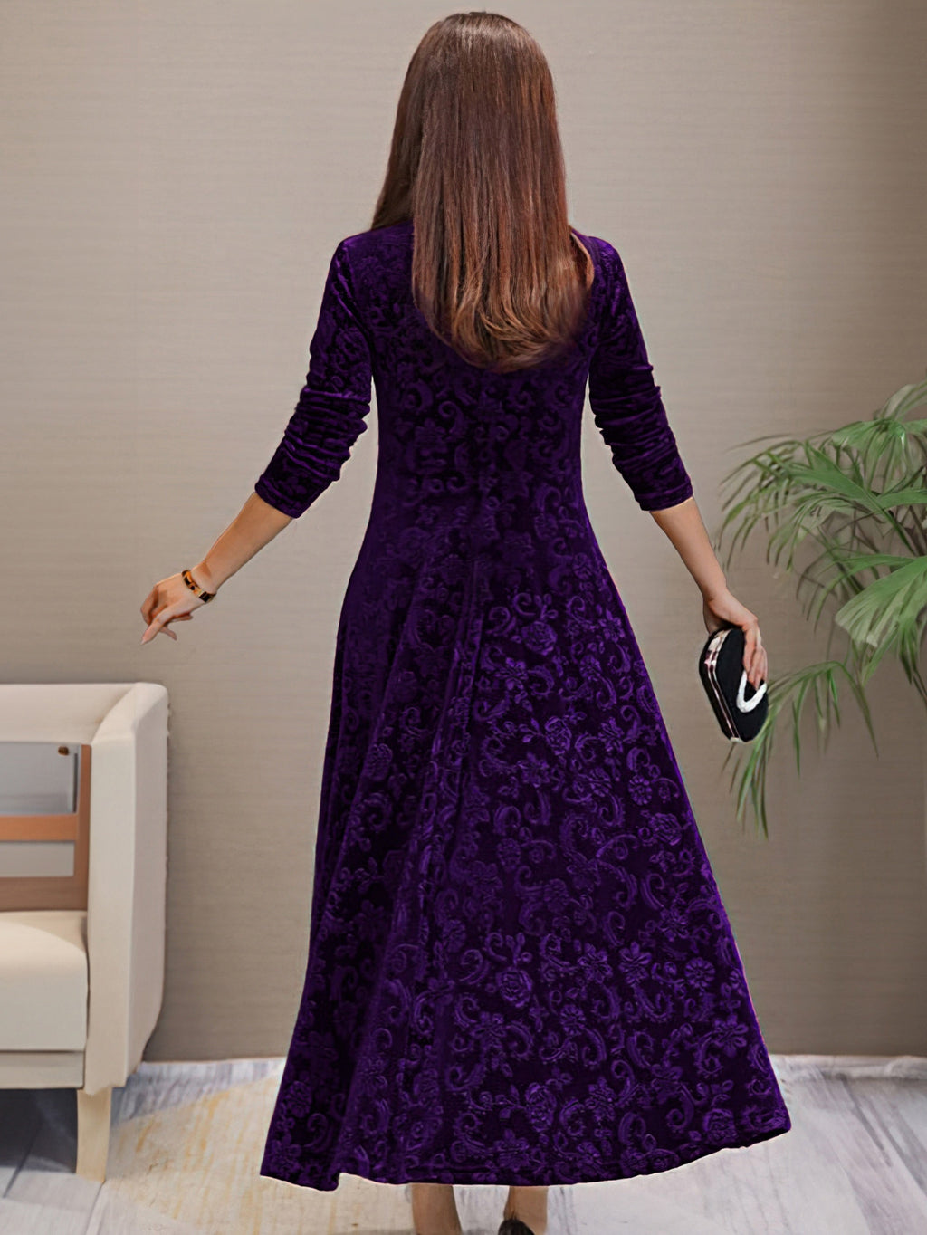 Women's Elegant V-Neck Long Sleeve Formal Dress with Floral Pattern