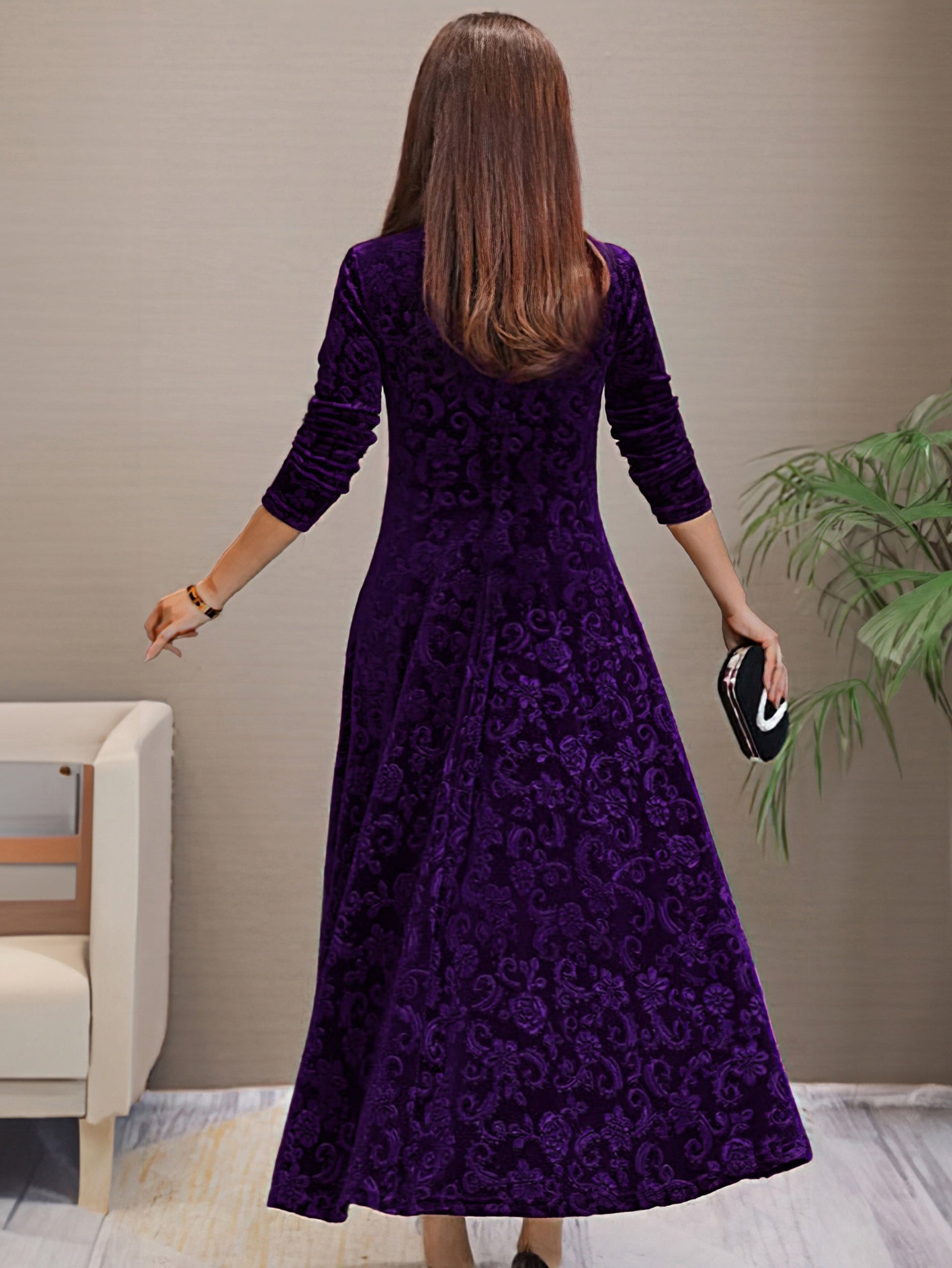 Women's Elegant V-Neck Long Sleeve Formal Dress with Floral Pattern