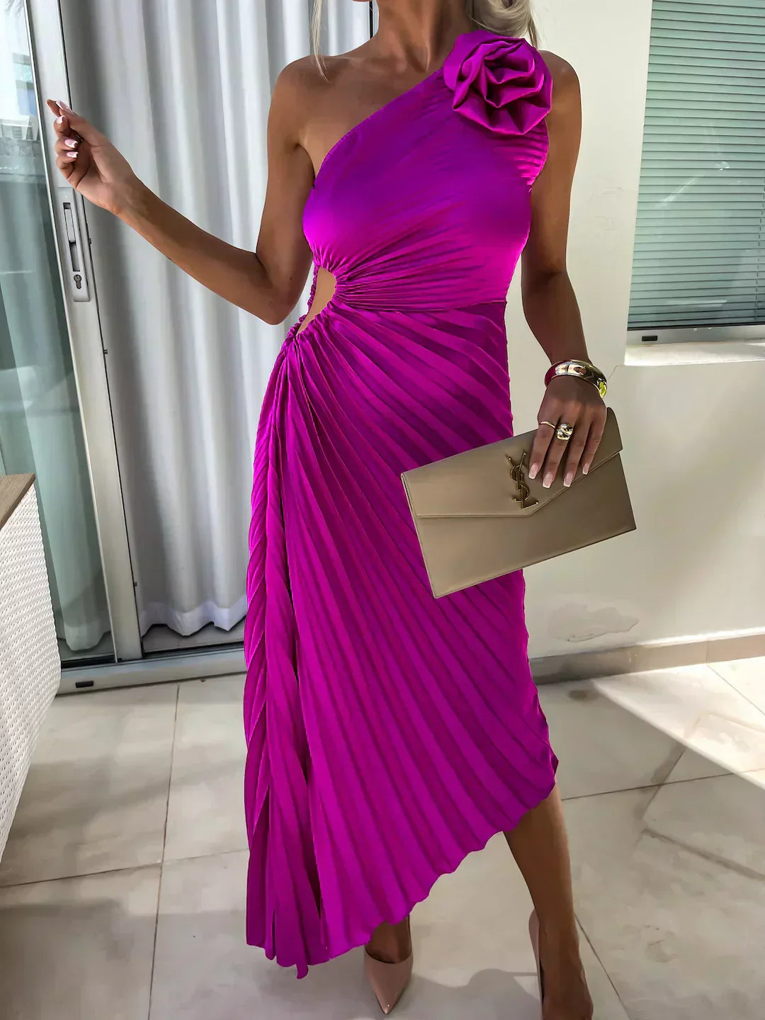 Women's Timeless Flowing Pleated One-Shoulder Floral Dress