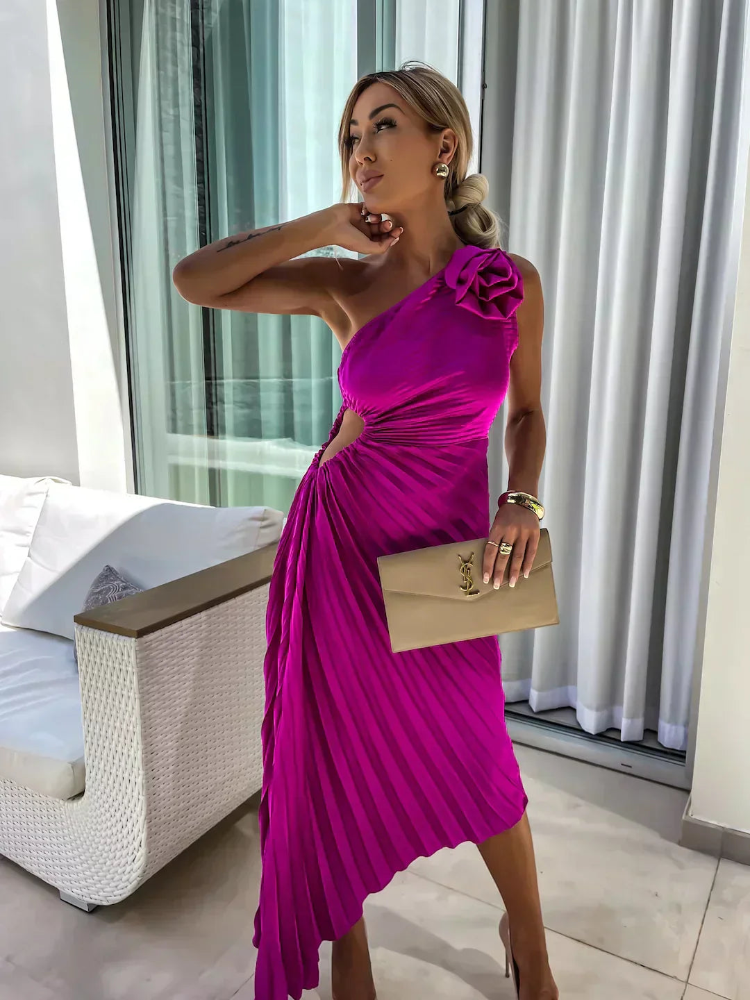 Women's Timeless Flowing Pleated One-Shoulder Floral Dress