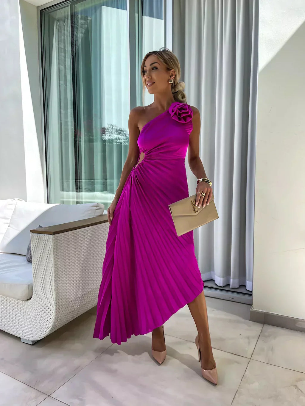 Women's Timeless Flowing Pleated One-Shoulder Floral Dress