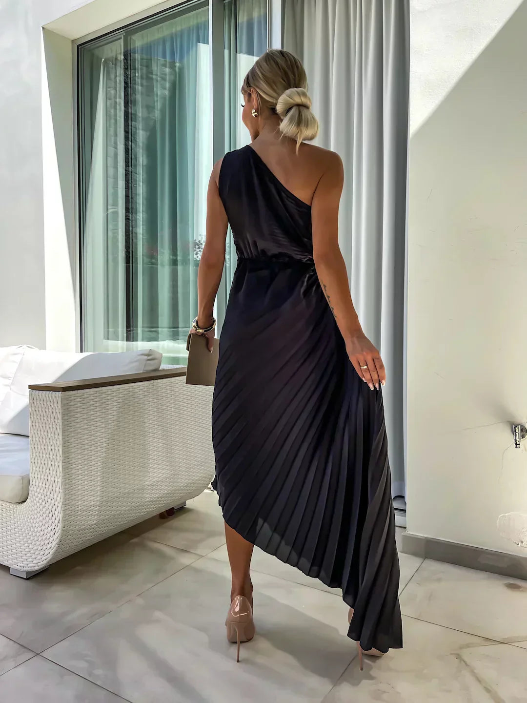 Women's Timeless Flowing Pleated One-Shoulder Floral Dress