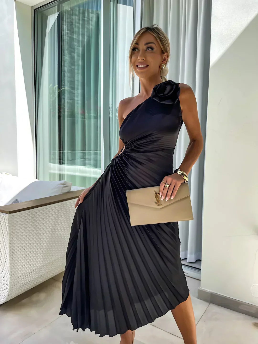 Women's Timeless Flowing Pleated One-Shoulder Floral Dress