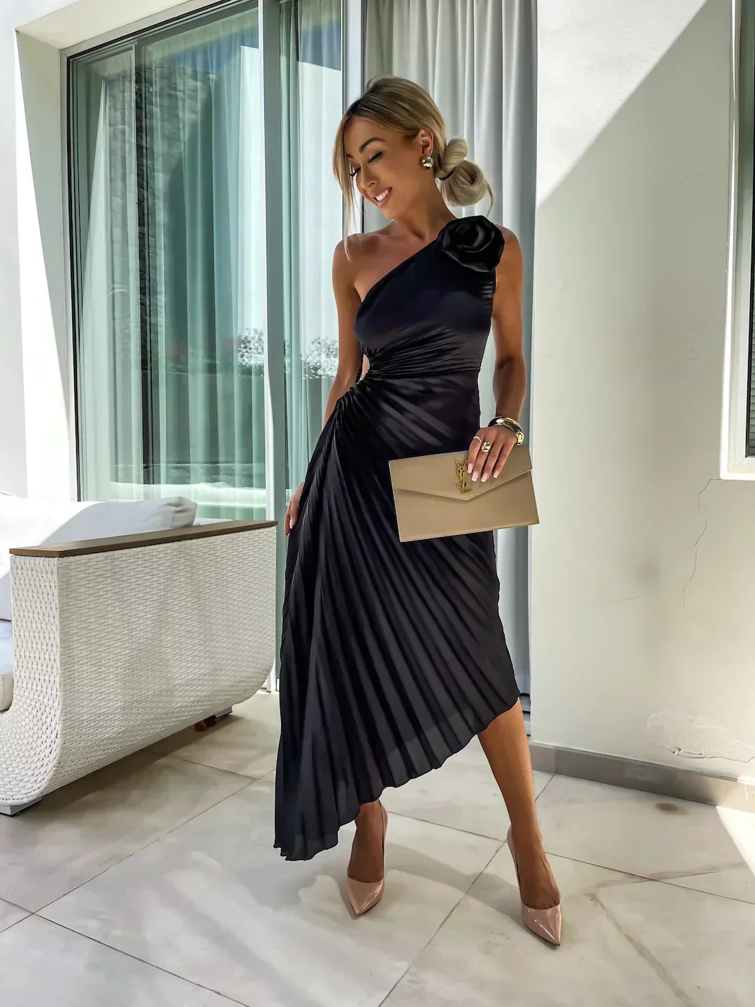 Women's Timeless Flowing Pleated One-Shoulder Floral Dress