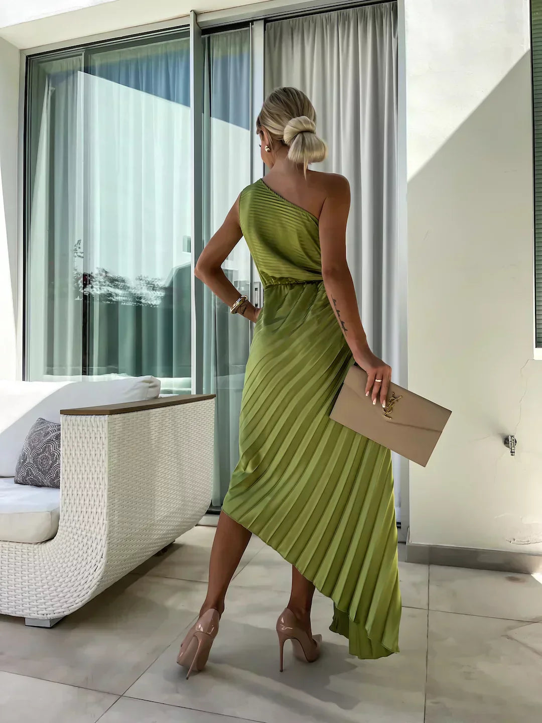Women's Timeless Flowing Pleated One-Shoulder Floral Dress