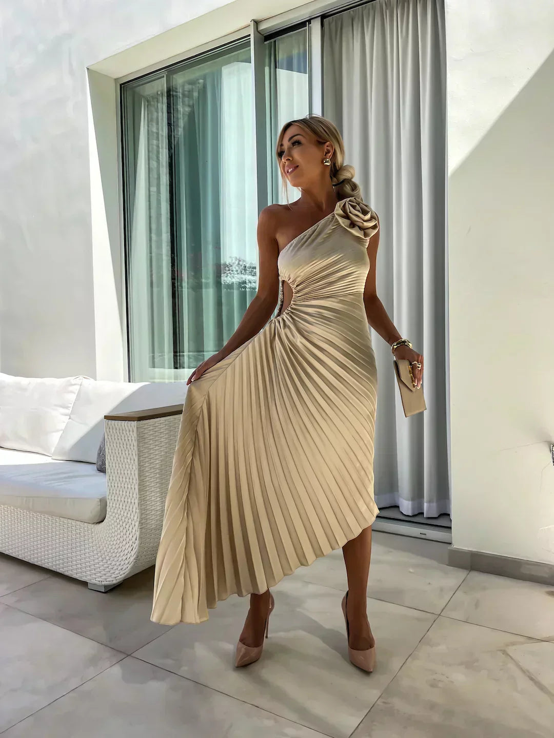 Women's Timeless Flowing Pleated One-Shoulder Floral Dress