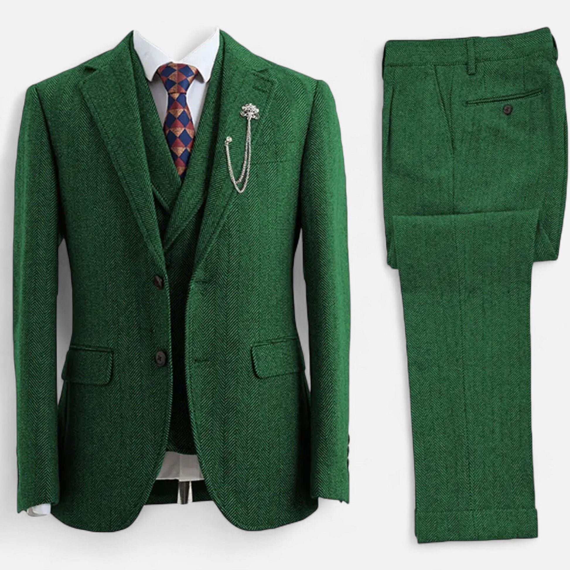 Men’s Exquisite Sleek Three-Piece Tweed Herringbone Suit