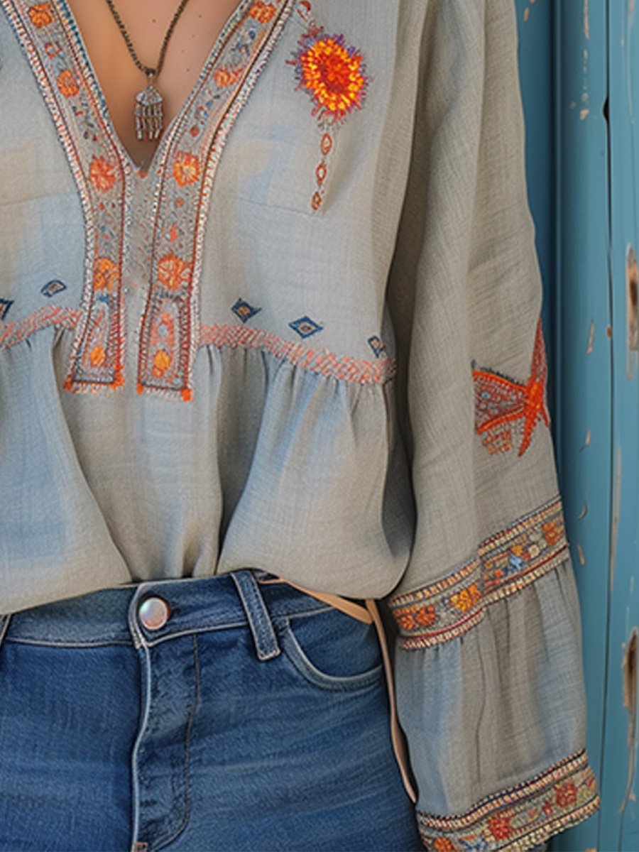 Fashion Bohemian Airy Embroidery Summer Women's Blouse