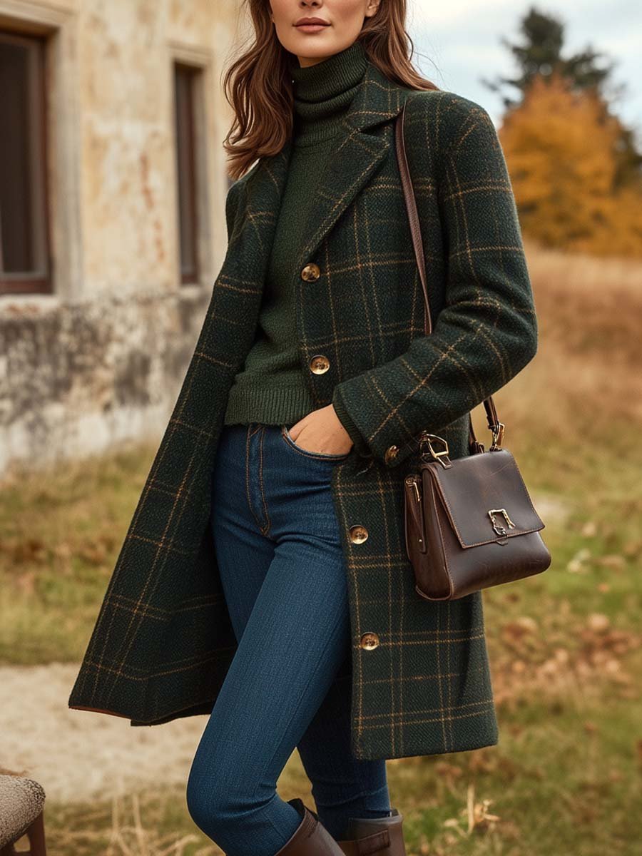 Fashion Long Fitted Cut Checkered Coat for Women