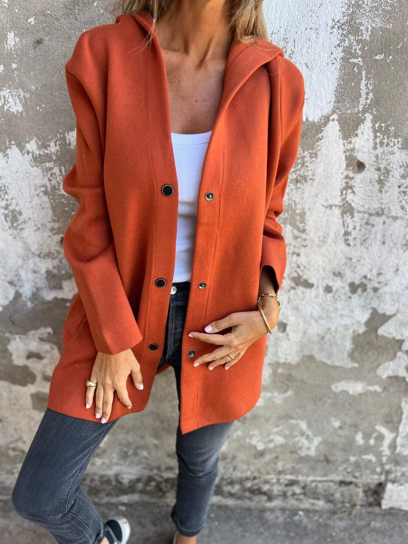 Stylish fashionable women's hooded jacket for transitional weather