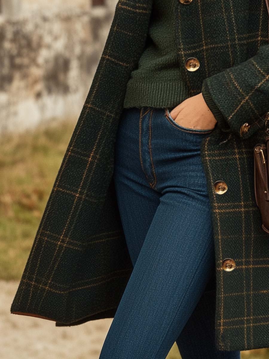Fashion Long Fitted Cut Checkered Coat for Women