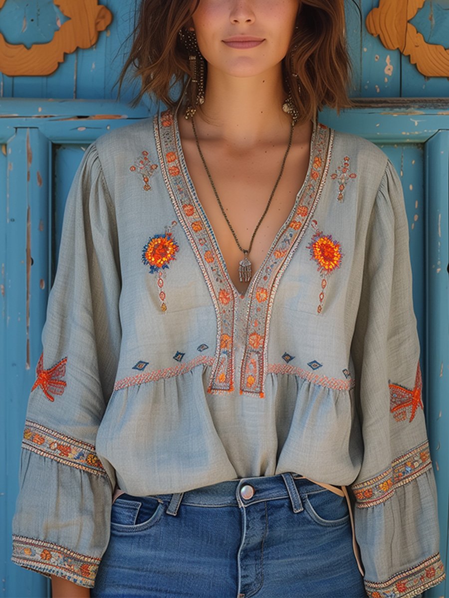 Fashion Bohemian Airy Embroidery Summer Women's Blouse