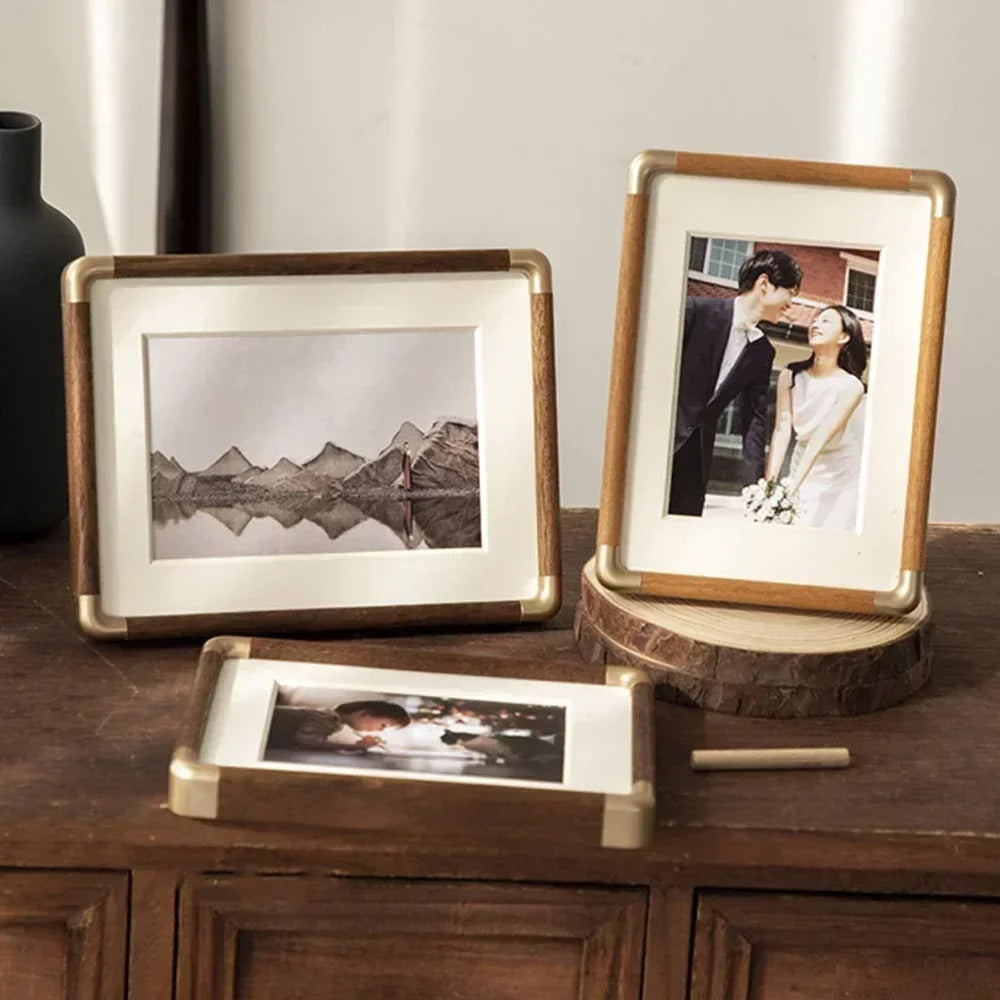Tabletop Photo Frame Vintage Wood Brass Freestanding Desk Decor