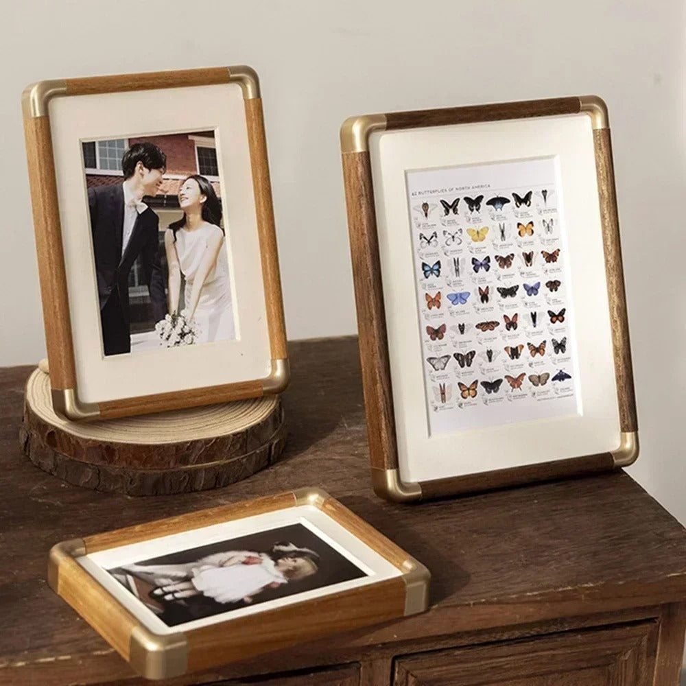 Tabletop Photo Frame Vintage Wood Brass Freestanding Desk Decor - Image 3