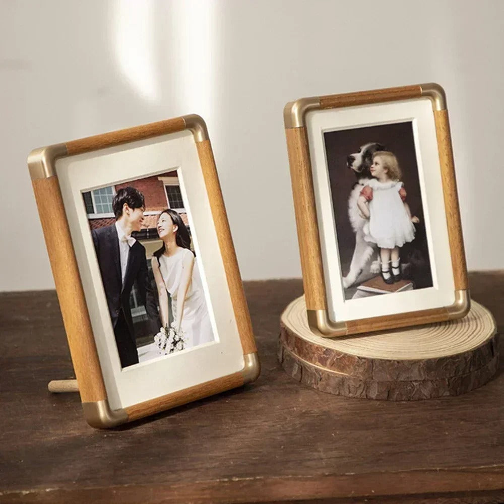 Tabletop Photo Frame Vintage Wood Brass Freestanding Desk Decor - Image 2