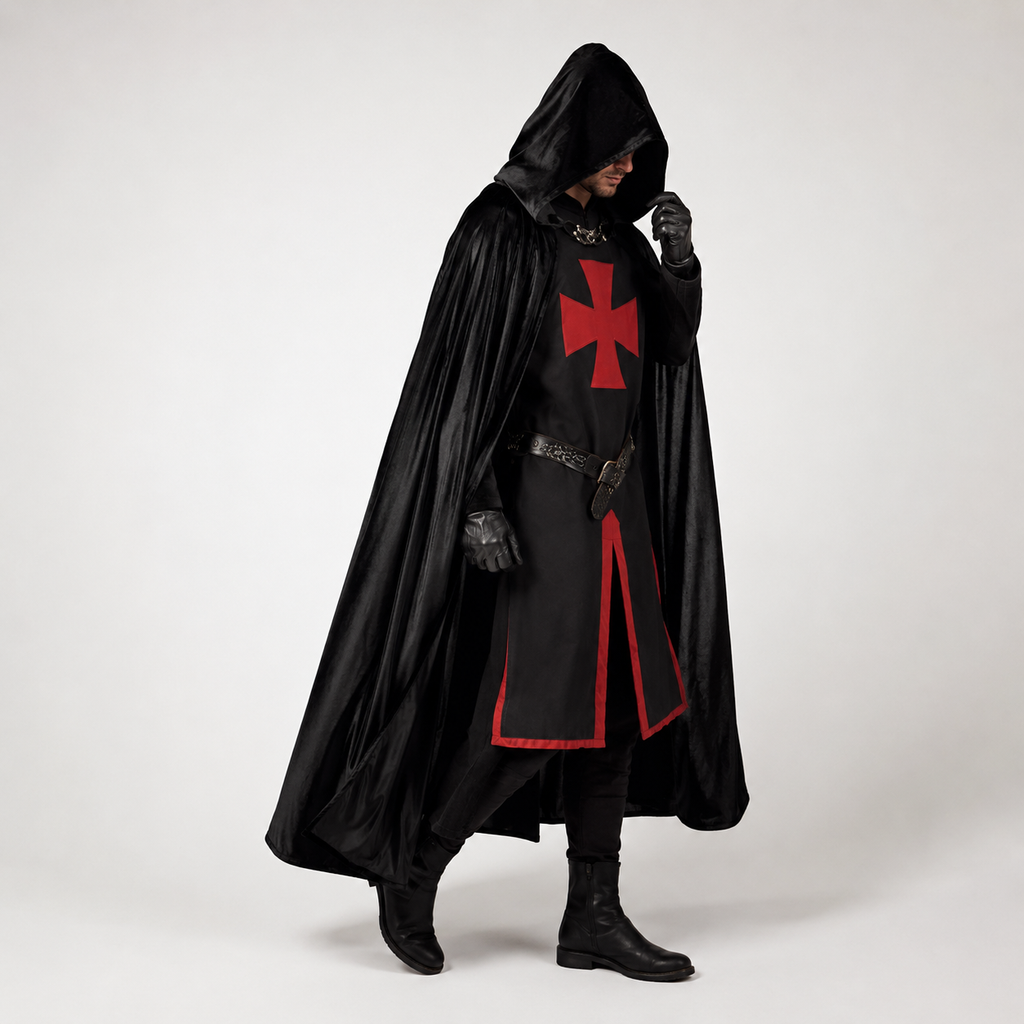 Medieval Knight Costume Templar Cross Tunic Hooded Cloak