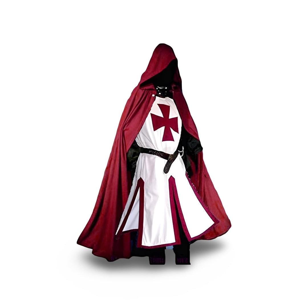Medieval Knight Costume Templar Cross Tunic Hooded Cloak - Image 7