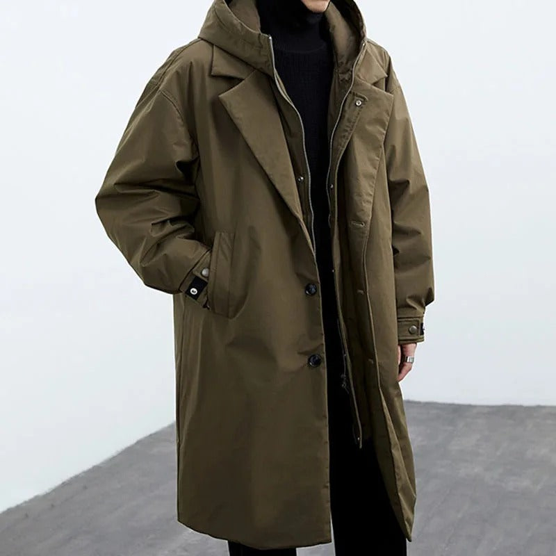 Men’s Waterproof Long Puffer Hood Trench Coat